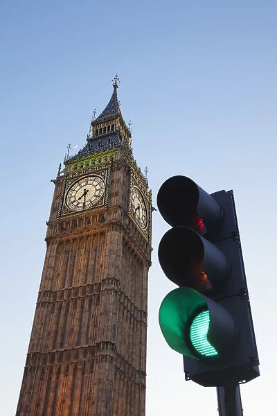 England, London, Palace of Westminster, Big Ben and Traffic Lights