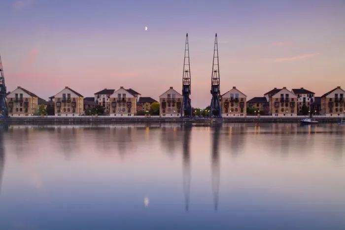 Framed Print : England, London, Royal Victoria Docks by moonlight
