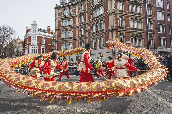 England, London, Soho, Chinatown, Chinese New Year Festival Parade, Dragon Dance