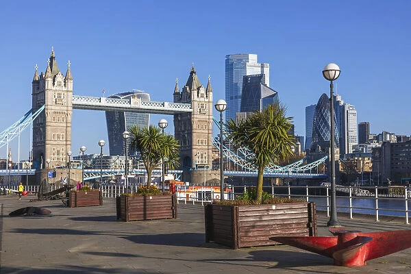 England, London, Southwark, Butlers Wharf, Tower Bridge and City of London Skyline