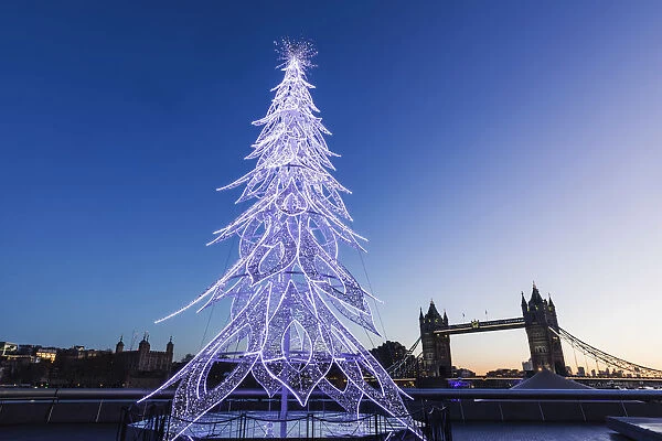 England, London, Southwark, London Bridge City, Christmas Tree and Tower Bridge