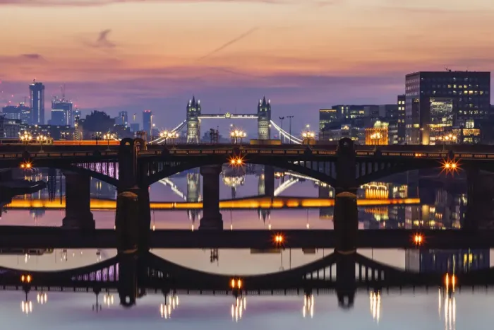 Framed Print : England, London, Southwark, London Bridge City, Reflections of Thames Bridges at Dawn Framed Print : England, London, Southwark, London Bridge City, Reflections of Thames Bridges at Dawn