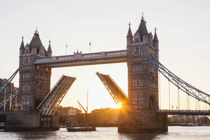 Framed Print : England, London, Southwark, Tower Bridge Opening at Sunrise Framed Print : England, London, Southwark, Tower Bridge Opening at Sunrise