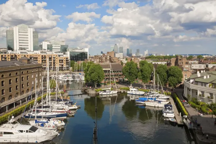 Framed Print : England, London, St Katherines Dock with Canary Wharf in the background Framed Print : England, London, St Katherines Dock with Canary Wharf in the background