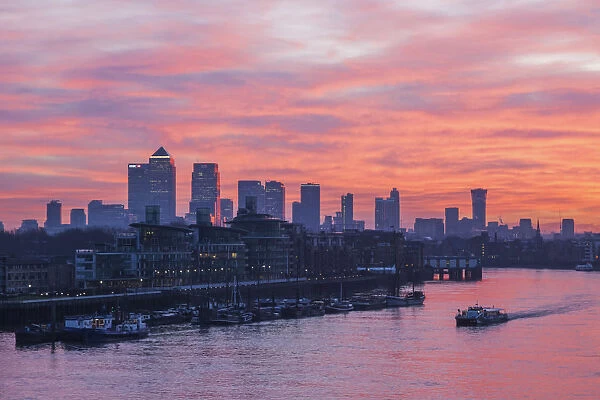 England, London, Sunrise Over Docklands and Canary Wharf