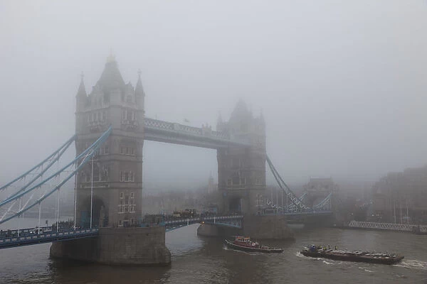 England, London, Tower Bridge in Fog