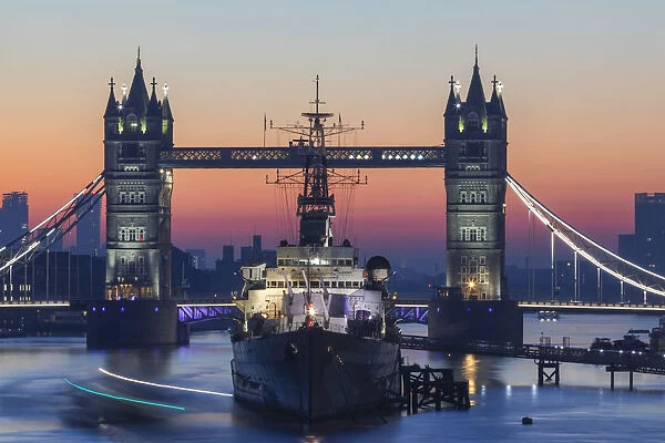 England, London, Tower Bridge and Museum Ship HMS Belfast at Dawn