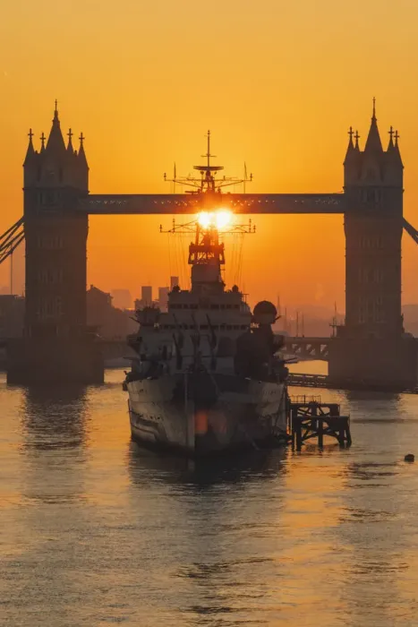 Framed Print : England, London, Tower Bridge and Museum Ship HMS Belfast at Sunrise