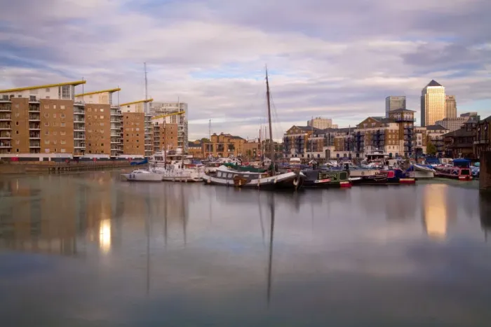 Framed Print : England, London, Tower Hamlets, Limehouse Basin with Canary Wharf buildings in background Framed Print : England, London, Tower Hamlets, Limehouse Basin with Canary Wharf buildings in background