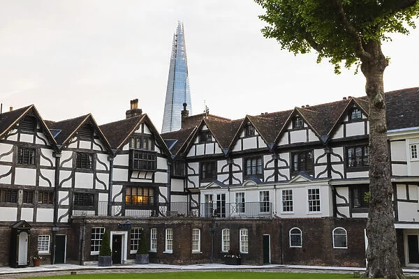 England, London, Tower of London, Tudor Houses on Tower Green with The Shard in The
