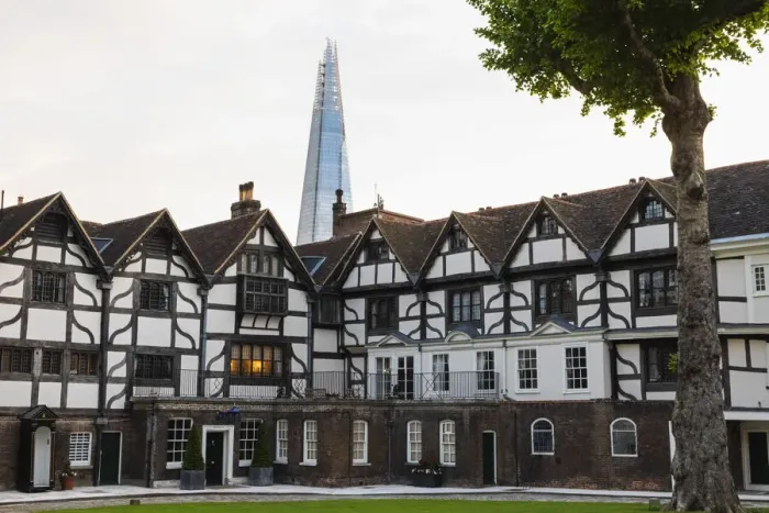 Framed Print : England, London, Tower of London, Tudor Houses on Tower Green with The Shard in Framed Print : England, London, Tower of London, Tudor Houses on Tower Green with The Shard in