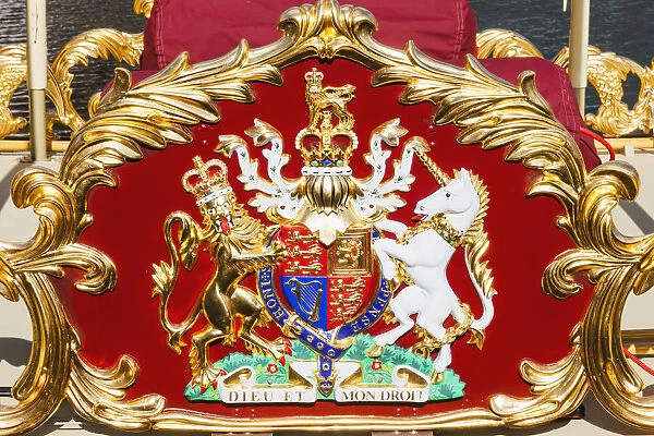 England, London, Wapping, St. Katharine Docks, Detail of Royal Coat of Arms on The