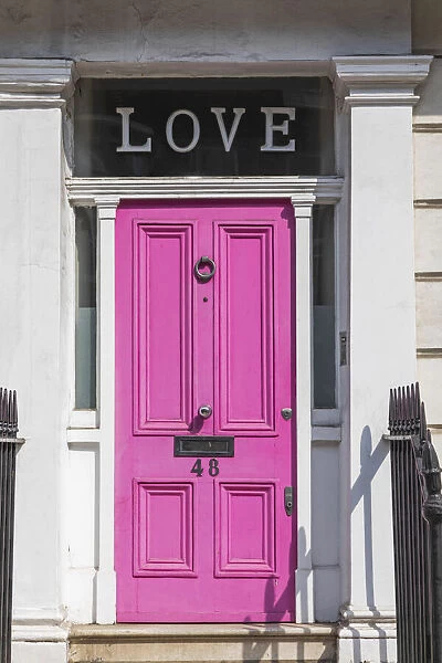 England, London, Westminster, Kensington and Chelsea, Pink Door with Love Sign