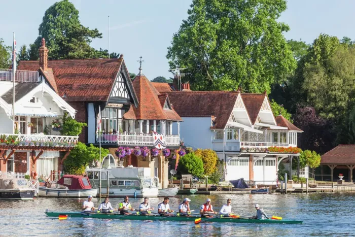 Framed Print : England, Oxfordshire, Henley-on-Thames, Boathouses and Rowers on River Thames