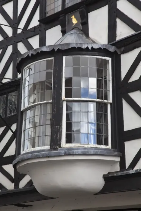 Framed Print : England, Shropshire, Ludlow. A bay window in an ancient half-timbered house Framed Print : England, Shropshire, Ludlow. A bay window in an ancient half-timbered house