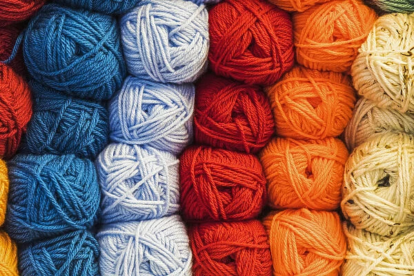 England, Somerset, Bath, Bath Guildhall Market, Shop Display of Colourful Knitting Wool