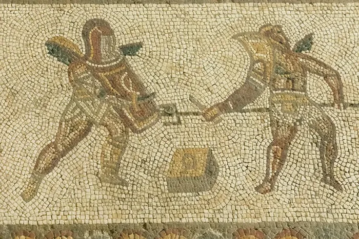 Framed Print : England, West Sussex, Bignor Roman Villa, Roman Mosaic depicting Gladiators Framed Print : England, West Sussex, Bignor Roman Villa, Roman Mosaic depicting Gladiators