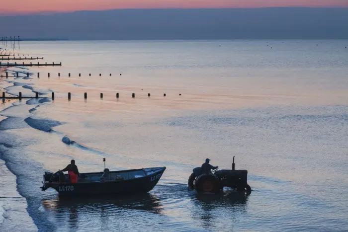 Framed Print : England, West Sussex, Bognor Regis, Fishermen Departing at Dawn
