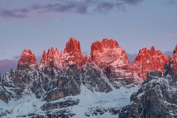 The Enrosadira over Brenta Dolomites peaks during a winter sunrise from Paganella, Trentino, Italy