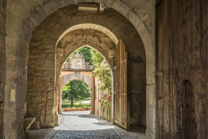 Framed Print : Entrance to the castle garden on the western edge of the old town of Rothenburg ob der Framed Print : Entrance to the castle garden on the western edge of the old town of Rothenburg ob der