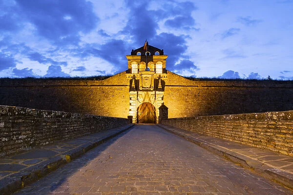 The entrance of Citadel of Jaca Castle by night. Jaca, Aragon region, Spain