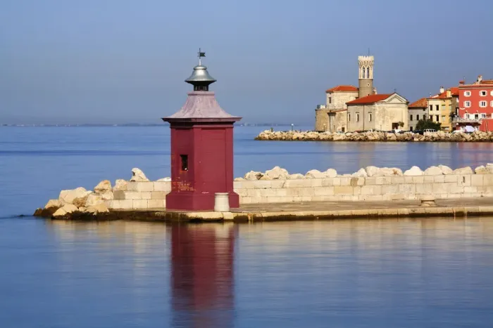 Framed Print : Entrance to Piran harbour, Gulf of Piran on the Adriatic Coast, Slovenia, Europe