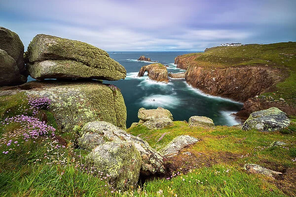 Enys Dodnan Arch and Land's End restaurant, Penwith peninsula, Cornwall, United Kingdom