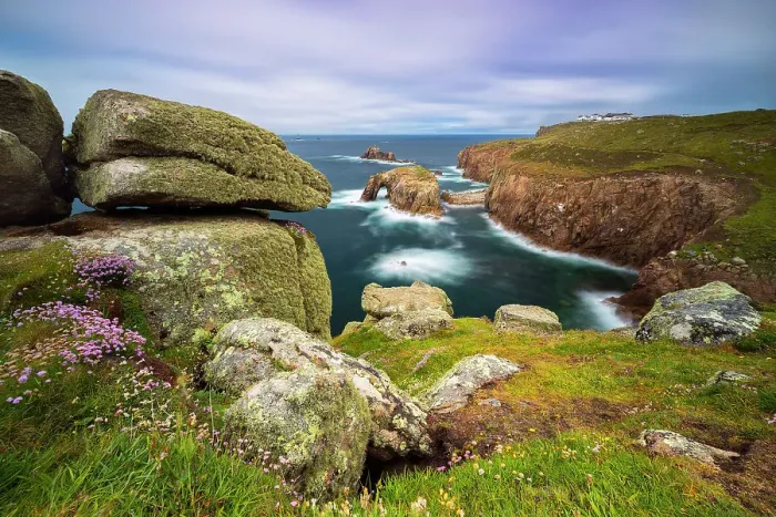 Framed Print : Enys Dodnan Arch and Land's End restaurant, Penwith peninsula, Cornwall, United Kingdom Framed Print : Enys Dodnan Arch and Land's End restaurant, Penwith peninsula, Cornwall, United Kingdom
