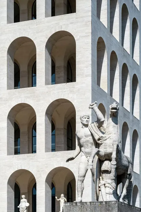 Framed Print : Equestrian sculpture with Palace of Italian Civilization (Palazzo della Civilta Italiana) behind, EUR district, Rome, Lazio, Italy
