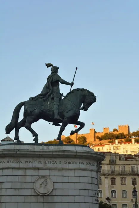 Framed Print : Equestrian statue of King Joao I and Sao Jorge castle, Praca da Figueira Framed Print : Equestrian statue of King Joao I and Sao Jorge castle, Praca da Figueira