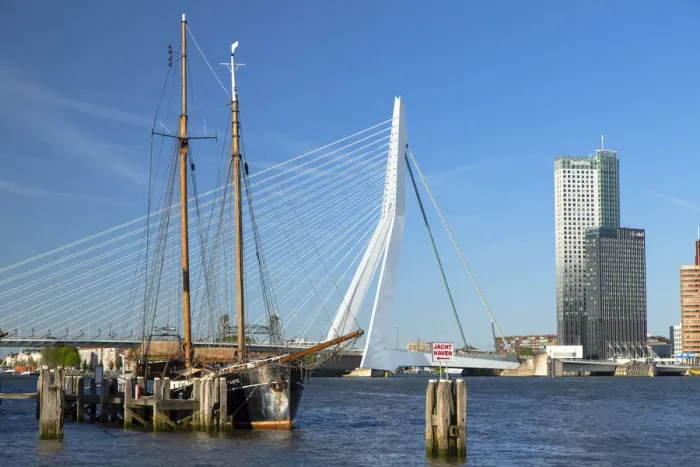 Framed Print : Erasmus Bridge (Erasmusbrug) and Boat Catherina, Rotterdam, Zuid Holland, Netherlands