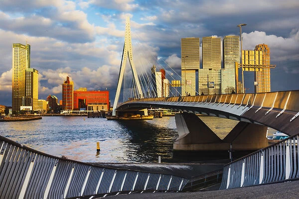 Erasmus Bridge (Erasmusbrug) and city skyline at sunset, Rotterdam, Zuid Holland