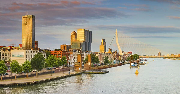Erasmus bridge and waterfront buildings of Rotterdam at sunrise on a cloudy evening