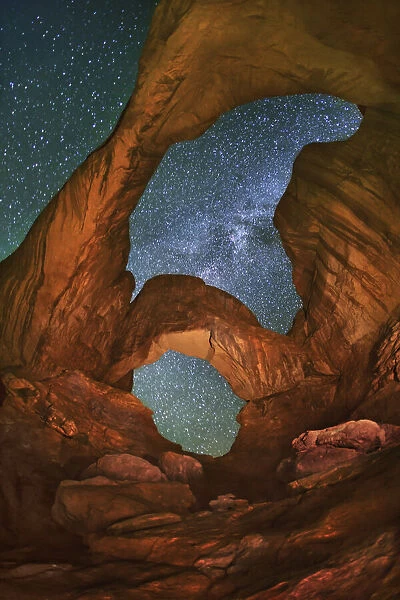 Erosion landscape and star sky at Double Arch - USA, Utah, Grand, Arches National Park