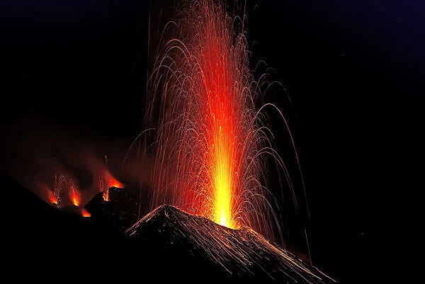 Eruption of the volcano Stromboli, Aeolian, or Aeolian Islands, Sicily, Italy, Europe