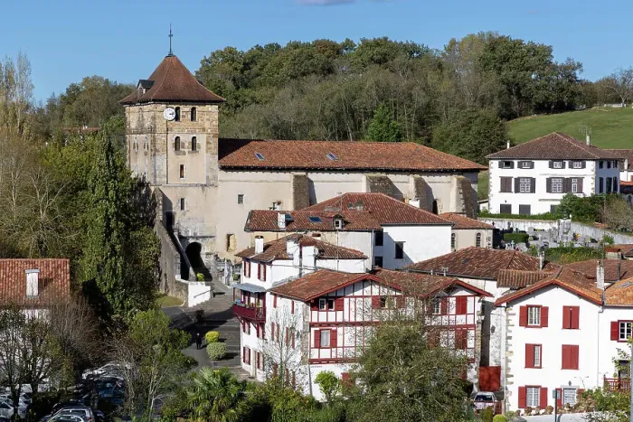 Framed Print : Espelette church and lower village, Espelette, , Province of Labourd, Pyrenees-Atlantiques, Nouvelle Aquitaine, France Framed Print : Espelette church and lower village, Espelette, , Province of Labourd, Pyrenees-Atlantiques, Nouvelle Aquitaine, France