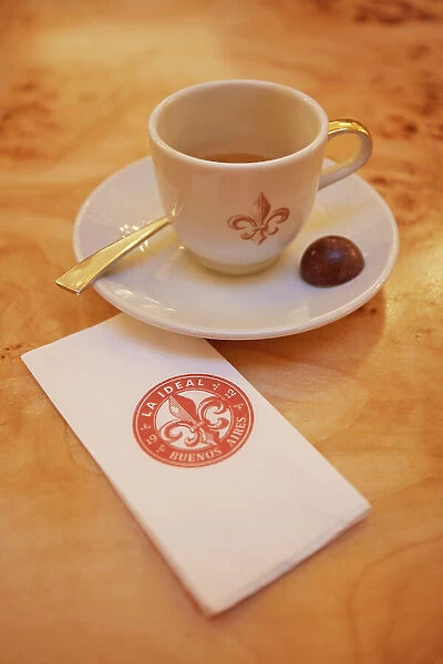 Detail of an espresso coffee with chocolate served at the 'Confiteria La Ideal' Notable Bar, San Nicolas, Buenos Aires, Argentina