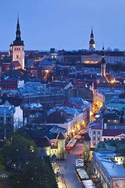 Estonia, Tallinn, Old Town, elevated view over Viru Street, dusk