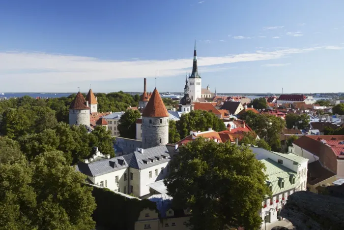 Framed Print : Estonia, Tallinn, View Of Lower Town With Oleviste Church In Background Framed Print : Estonia, Tallinn, View Of Lower Town With Oleviste Church In Background