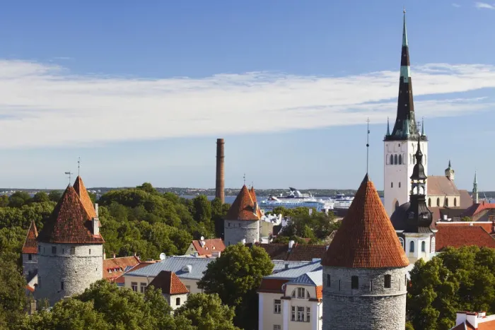 Framed Print : Estonia, Tallinn, View Of Lower Town With Oleviste Church In Background Framed Print : Estonia, Tallinn, View Of Lower Town With Oleviste Church In Background