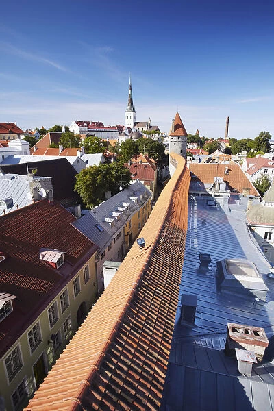 Estonia, Tallinn, View Of Lower Town From Town Wall With Oleviste Church In Background
