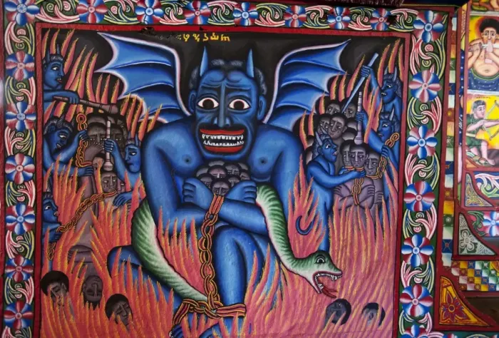 Framed Print : Ethiopia, Lake Tana. Brightly-coloured murals depict religious scenes in Beta Giorgis Monastery Framed Print : Ethiopia, Lake Tana. Brightly-coloured murals depict religious scenes in Beta Giorgis Monastery