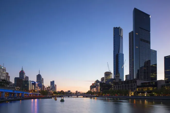 Framed Print : Eureka Tower and skyline along Yarra River at dawn, Melbourne, Victoria, Australia Framed Print : Eureka Tower and skyline along Yarra River at dawn, Melbourne, Victoria, Australia