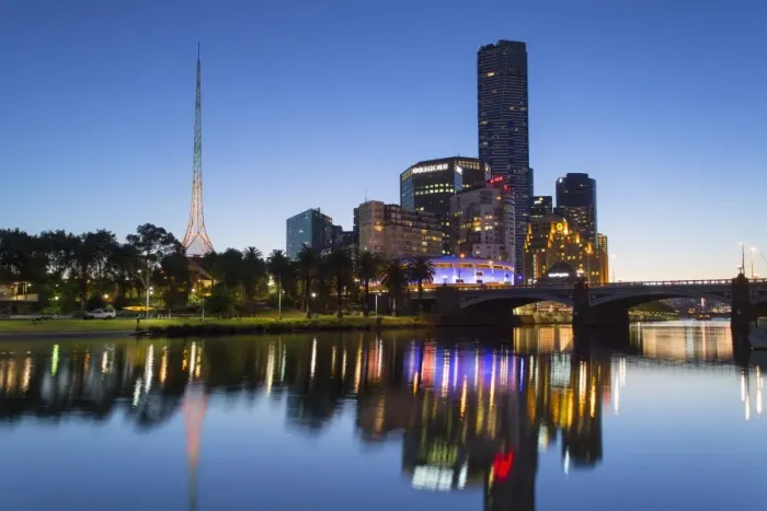 Framed Print : Eureka Tower and skyline along Yarra River at dusk, Melbourne, Victoria, Australia