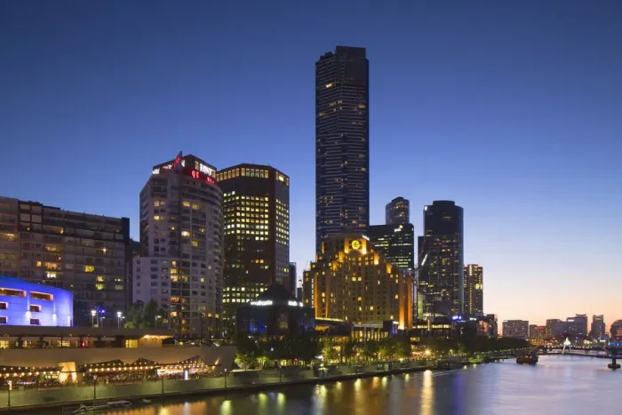 Framed Print : Eureka Tower and skyline along Yarra River at dusk, Melbourne, Victoria, Australia Framed Print : Eureka Tower and skyline along Yarra River at dusk, Melbourne, Victoria, Australia