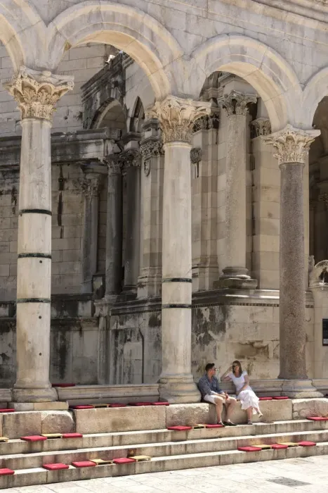 Framed Print : Europe, Balkan, Croatia, Split, Diocletians Palace, people sitting on square Framed Print : Europe, Balkan, Croatia, Split, Diocletians Palace, people sitting on square