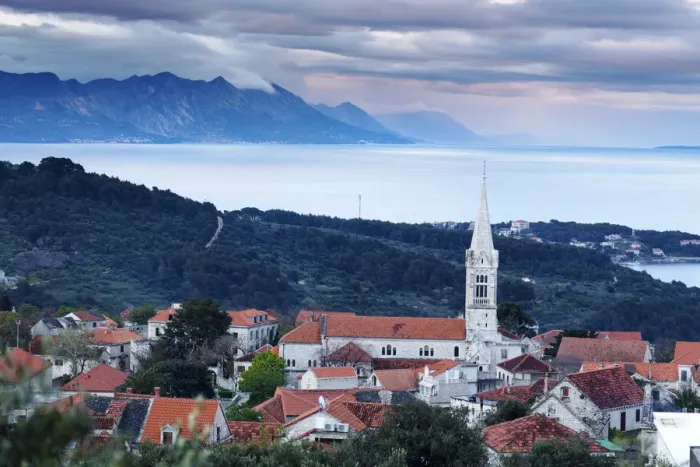 Framed Print : Europe, Croatia, Dalmatia, Brac, Selca town with the Dinaric Alps behind Framed Print : Europe, Croatia, Dalmatia, Brac, Selca town with the Dinaric Alps behind
