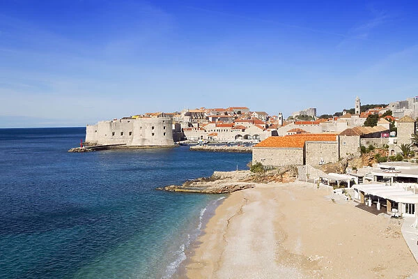 Europe, Croatia, Dalmatia, Dubrovnik, view of Banje beach and the UNESCO world heritage