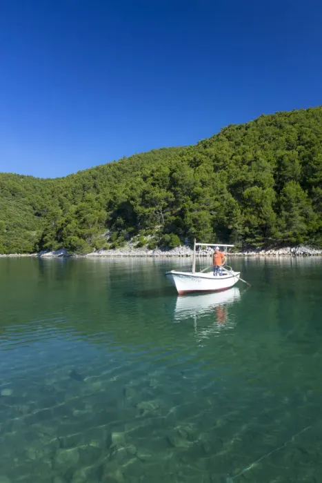 Framed Print : Europe, Croatia, Dalmatia, Korcula, local fisherman moored in a woody inlet on Framed Print : Europe, Croatia, Dalmatia, Korcula, local fisherman moored in a woody inlet on