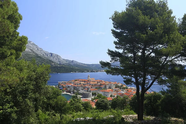 Europe, Croatia, Dalmatia, Korcula island, Korcula town, elevated view of the fortified